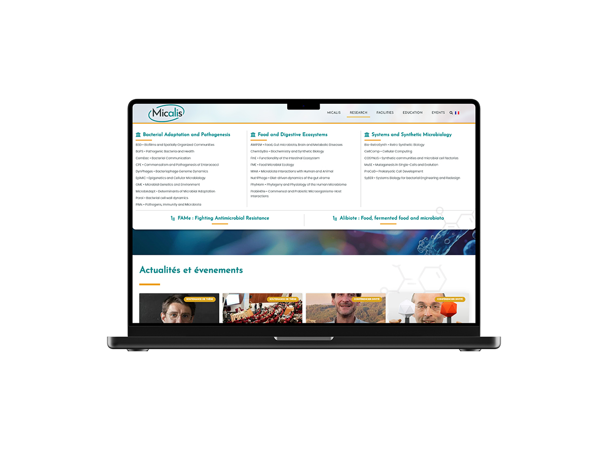 Mockup d'un ordinateur portable consultant le menu des équipes du site micalis.fr